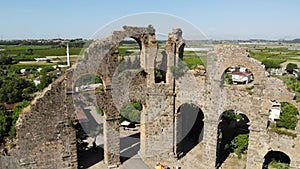 Aerial view of the Aspendos ancient aqueduct. Turkey