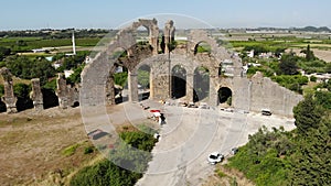 Aerial view of the Aspendos ancient aqueduct. Turkey