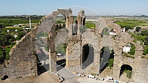 Aerial view of Aspendos aquduct remains. Ruins of aqueduct in Antalya, Turkey.