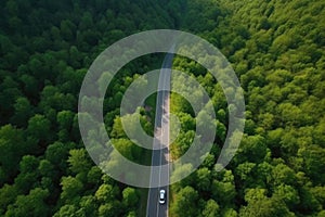 Aerial view road and forest. Road going through forest with car view from above. Generative AI