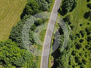 Aerial view of a asphalt road with white lines between trees and grass in the landscape