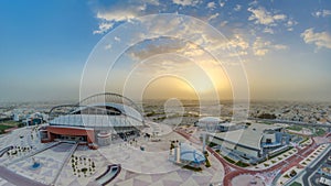 Aerial view of Aspire Zone stadium from at sunrise timelapse in Doha photo