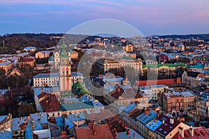 Aerial view of Assumption church and historic center of Lviv, Ukraine. Lvov cityscape
