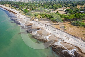 Aerial view of Atlantic coast near Palmarin. Saloum Delta National Park, Joal Fadiout, Senegal. Africa. Photo made by drone from