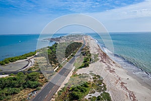 Aerial view of Atlantic coast near Palmarin. Saloum Delta National Park, Joal Fadiout, Senegal. Africa. Photo made by drone from