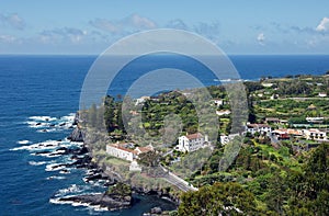 Aerial view of Atlantic ocean coast of Sao Miguel Island, Azores, Portugal