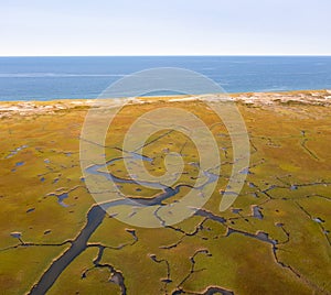 Aerial View of Atlantic Ocean and Salt Marsh on Cape Cod