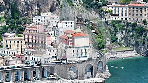 Aerial view of Atrani famous coastal village located on Amalfi Coast, Italy