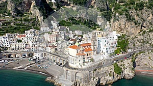 Aerial view of Atrani famous coastal village located on Amalfi Coast, Italy. Small town Atrani on Amalfi Coast in province of