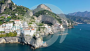 Aerial view of Atrani famous coastal village located on Amalfi Coast, Italy. Small town Atrani on Amalfi Coast in province of