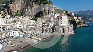 Aerial view of Atrani famous coastal village located on Amalfi Coast, Italy. Small town Atrani on Amalfi Coast in province of