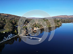 Aerial view of Auchenheglish lodges on the peaceful shores of Loch Lomond, Scotland