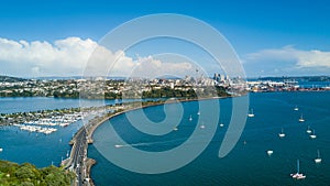 Aerial view on Auckland city center over Waitemata Harbour. New Zealand
