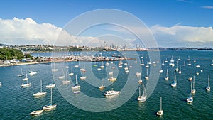 Aerial view on Auckland city center over Waitemata Harbour. New Zealand