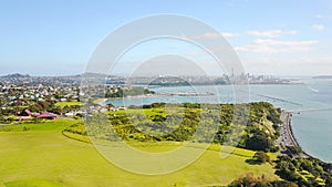 Aerial view on Auckland city center over Waitemata Harbour. New Zealand