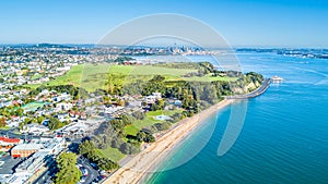 Aerial view on Auckland city center over Waitemata Harbour. New Zealand