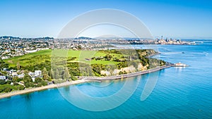 Aerial view on Auckland city center over Waitemata Harbour. New Zealand