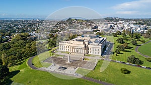 Aerial view on Auckland domain and War Memorial museum with residential suburb on the background. Auckland, New Zealand