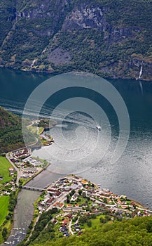 Aerial View on Aurlandsfjord And Aurland City,  Norway