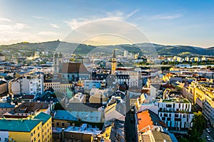 Aerial view of the Austrian city Linz including the old Cathedral, schlossmusem and the postlingberg basilica....IMAGE