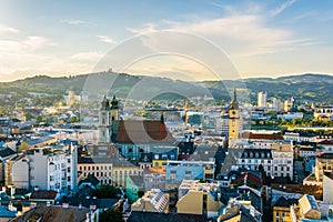 Aerial view of the Austrian city Linz including the old Cathedral, schlossmusem and the postlingberg basilica....IMAGE