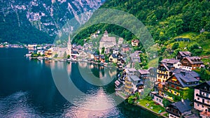 Aerial view of austrian mountain village Hallstatt and Hallstatter lake. Beautiful summer time. Salzkammergut, Austria. Hallstatt