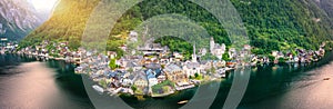 Aerial view of austrian mountain village Hallstatt and Hallstatter lake. Beautiful summer time. Salzkammergut, Austria. Hallstatt