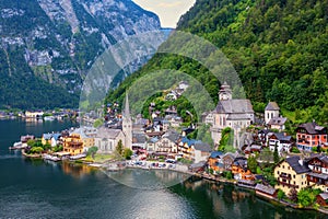 Aerial view of austrian mountain village Hallstatt and Hallstatter lake. Beautiful summer time. Salzkammergut, Austria. Hallstatt