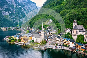 Aerial view of austrian mountain village Hallstatt and Hallstatter lake. Beautiful summer time. Salzkammergut, Austria. Hallstatt