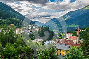 Aerial view of the Austrian ski and spa resort Bad gastein famous for waterwall flowing through ist city center....IMAGE