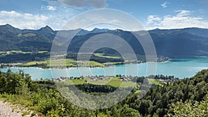 Aerial view Austrian Wolfgangsee from top Schafberg near Sankt Wolfgang