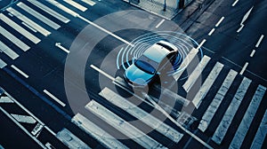 Aerial View of Autonomous Self Driving Car Moving Through City
