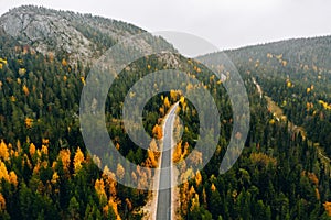 Aerial view of autumn color forest in the mountains and a road with car in Finland Lapland