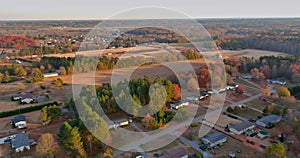 Aerial view of Autumn day on South Carolina small town Boiling Spring street overview in fall