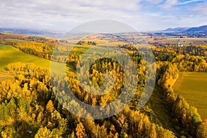 Aerial view of the autumn forest and hills in the
