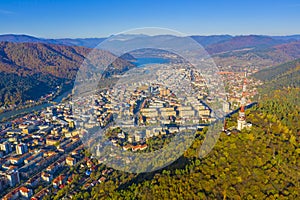 Aerial view of autumn mountain city