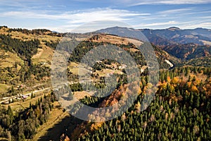 Aerial view of autumn mountain landscape with evergreen pine trees and yellow fall forest with magestic mountains in distance