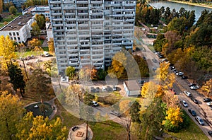 Aerial view of autumn in Zelenograd District 11 in Moscow, Russia