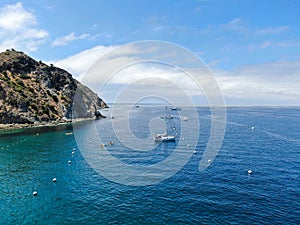 Aerial view of Avalon bay with sailboat, Santa Catalina Island, USA