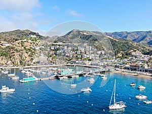 Aerial view of Avalon downtown and bay in Santa Catalina Island, USA