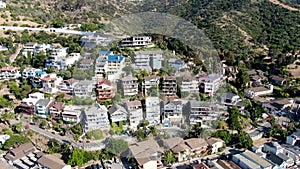 Aerial view of Avalon downtown with their houses on the cliff in Santa Catalina Island, USA