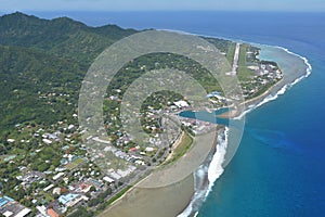 Aerial view of Avarua town and district in the north of the island of Rarotonga Cook Islands