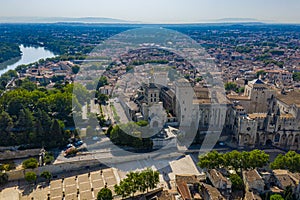 Aerial view of Avignon historical city and Palais des Papes