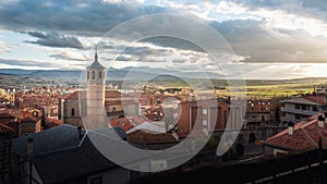 Aerial view of Avila at sunset with Santiago Church - Avila, Castile and Leon, Spain