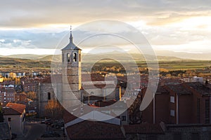 Aerial view of Avila at sunset with Santiago Church - Avila, Castile and Leon, Spain