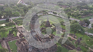 Aerial view of Ayutthaya ancient buddhist temple near the Chao Phraya river in Ayutthaya, Thailand