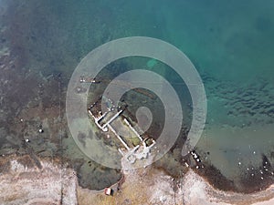 Aerial view Aziz Neophytos Basilica (After Isa 740) under Iznik lake in Bursa, Turkey