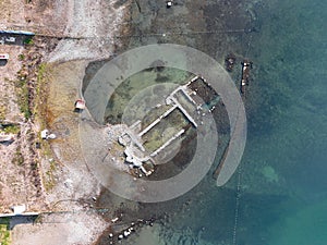 Aerial view Aziz Neophytos Basilica (After Isa 740) under Iznik lake in Bursa, Turkey