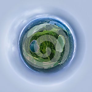 Aerial view of Azores, Portugal. Little planet panorama 360 degrees. Drone landscape in a Tiny planet image of Vila Franca Islet.