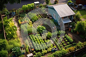 aerial view of a backyard vegetable garden with various plants